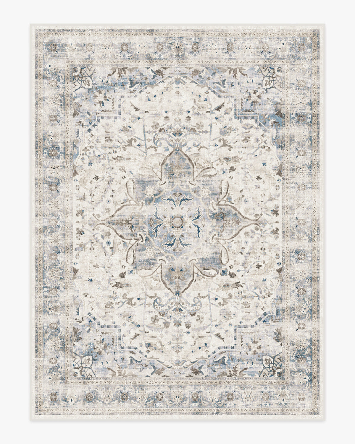 Tapis plat vintage chic à motif médaillon floral saphir lavable pour chambre et salon