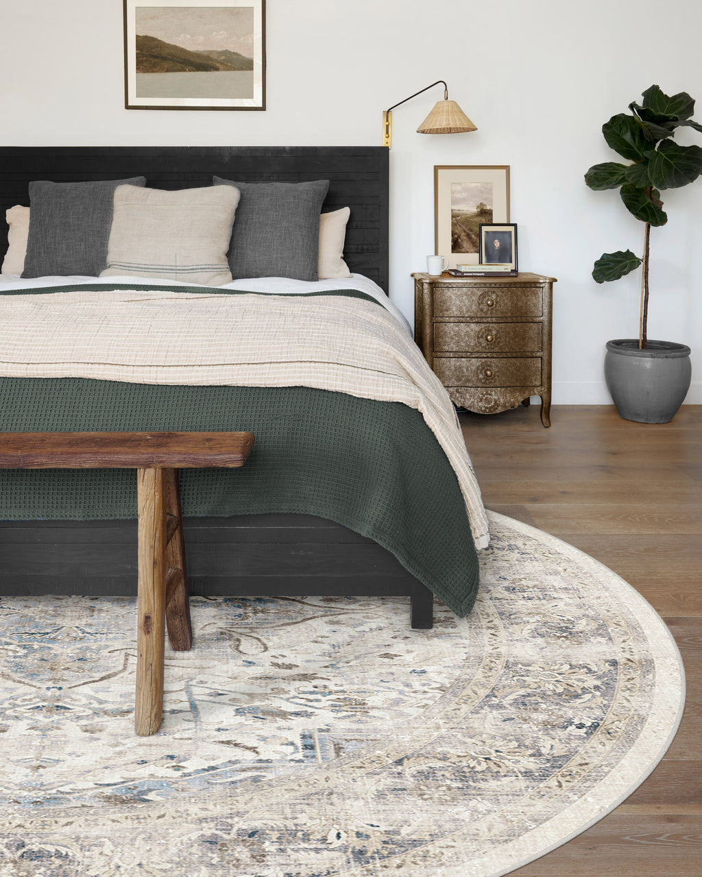 Tapis plat vintage chic à motif médaillon floral saphir lavable pour chambre et salon