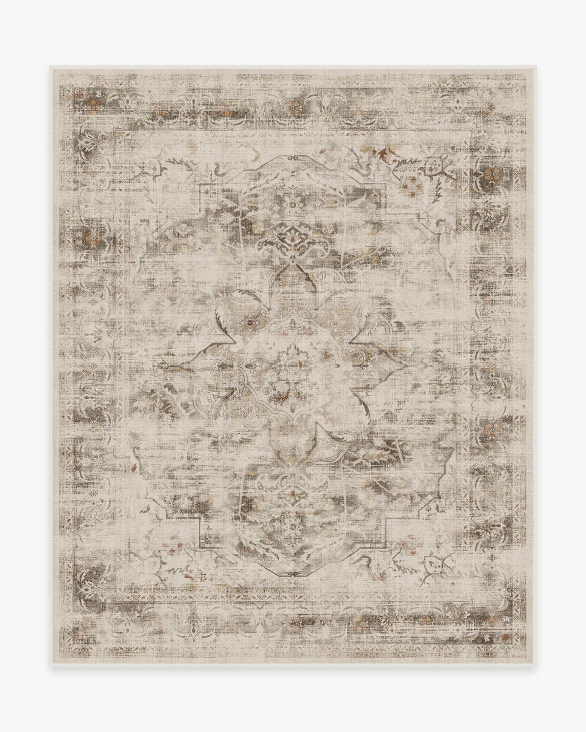 Tapis plat rustique lavable motif médaillon floral crème marron pour chambre et salon
