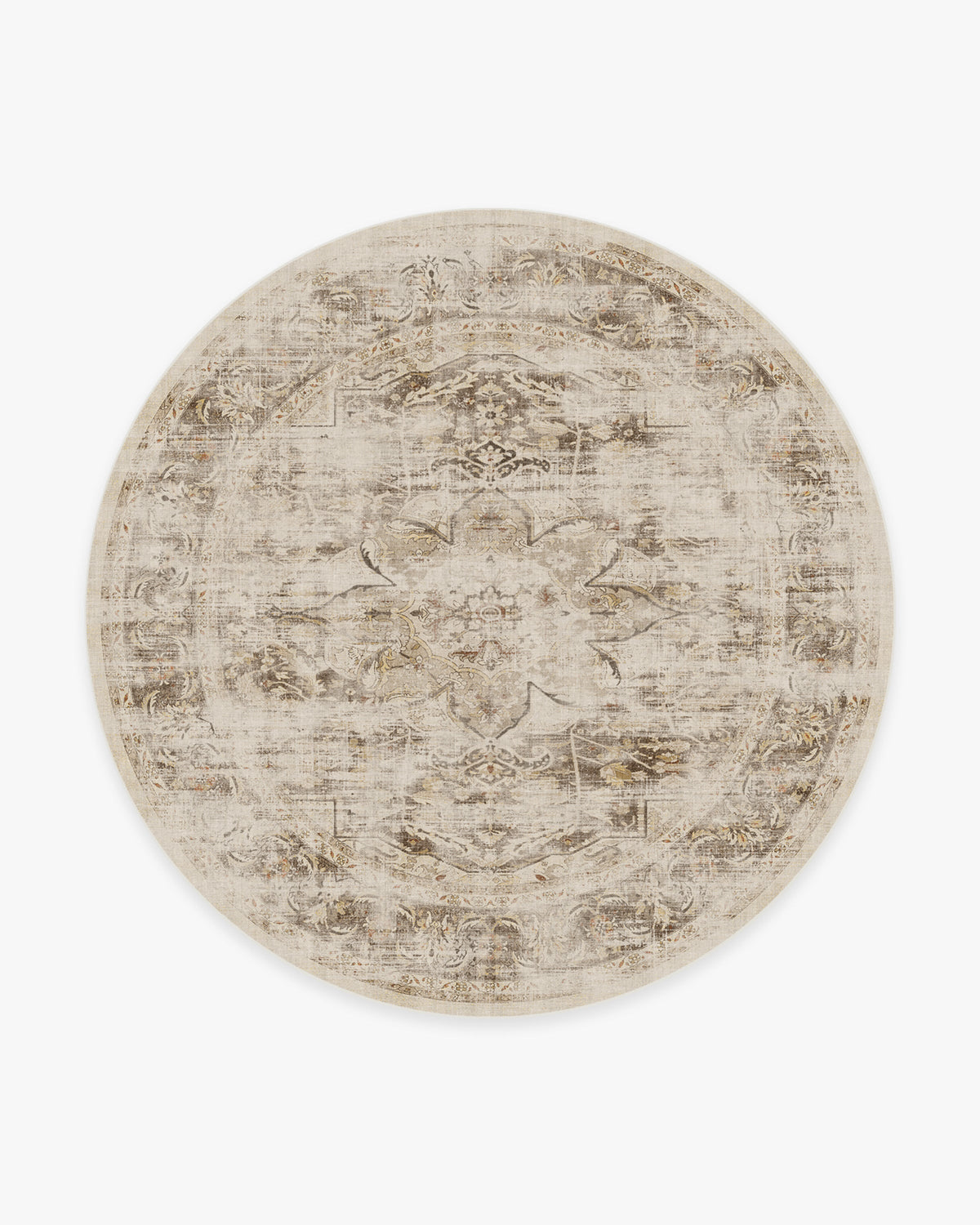 Tapis plat rustique lavable motif médaillon floral crème marron pour chambre et salon
