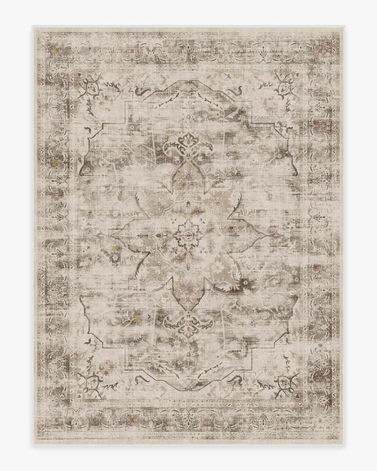 Tapis plat rustique lavable motif médaillon floral crème marron pour chambre et salon