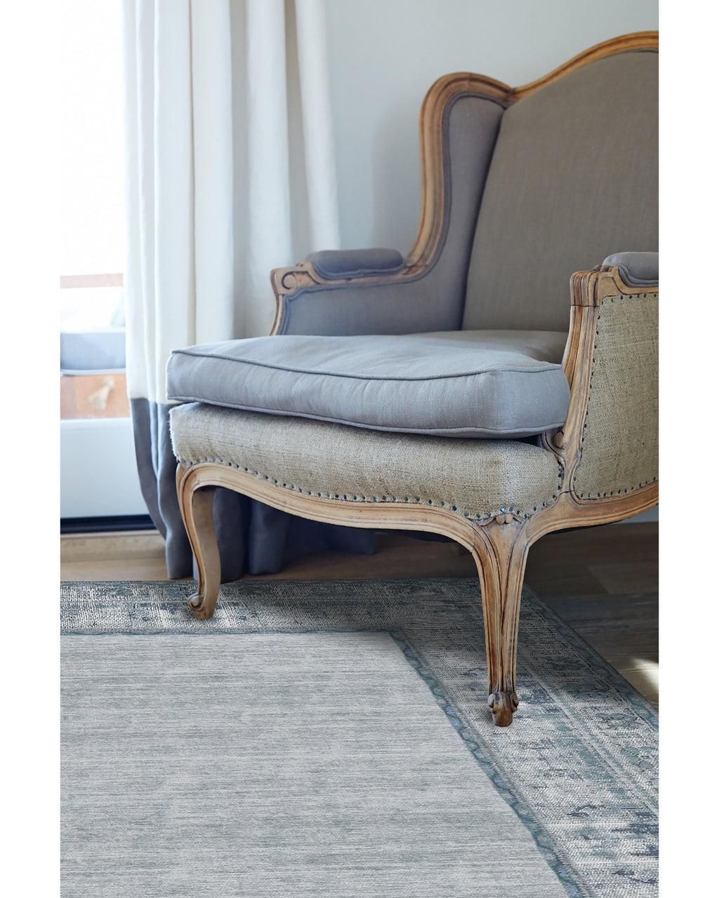 Tapis plat tissé, style bohème vintage, avec motifs vieillis bleu ardoise pour salon et bureau