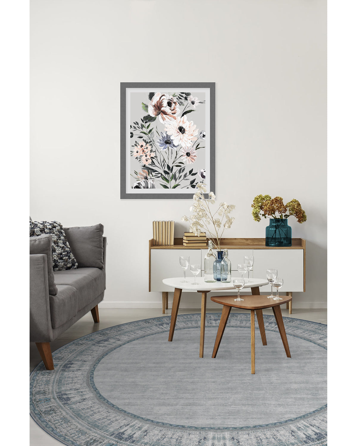Tapis plat tissé, style bohème vintage, avec motifs vieillis bleu ardoise pour salon et bureau