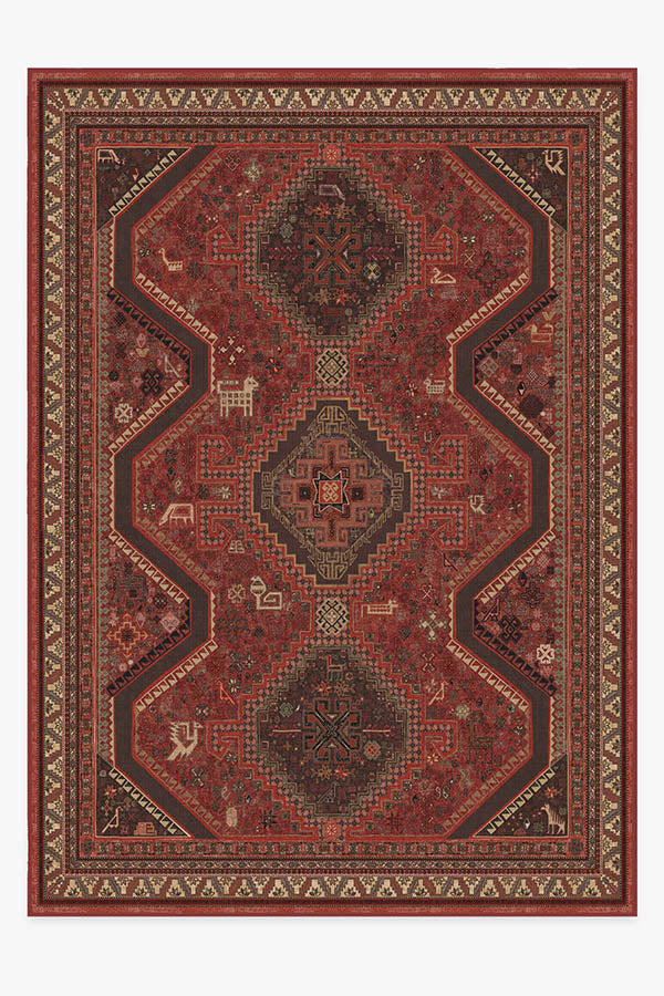 Tapis Persan Tissé à Plat Traditionnel avec Motif Géométrique Animal Rouge Vif pour Salon et Salle à Manger